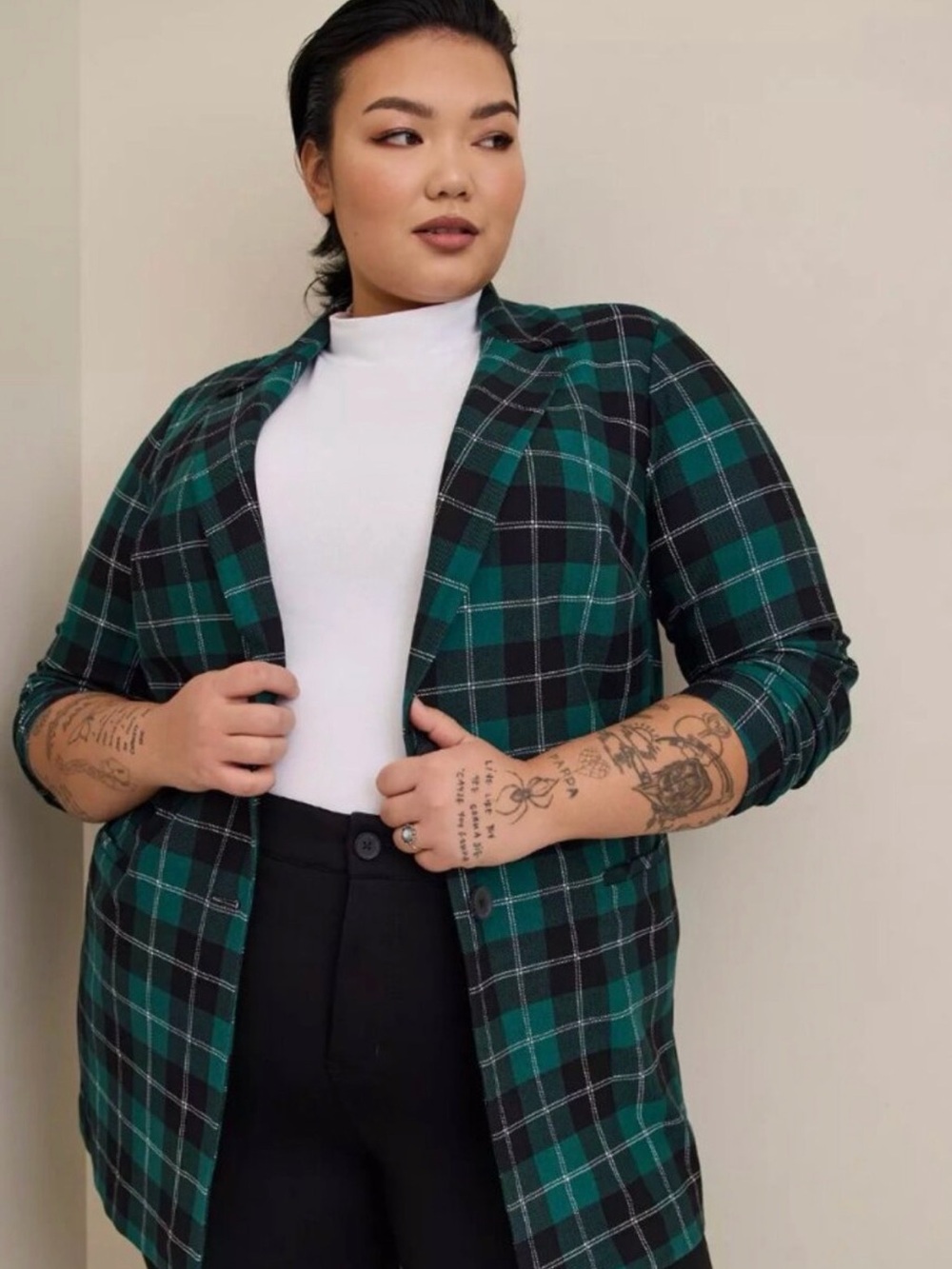 torrid Green & Black Plaid Open Blazer